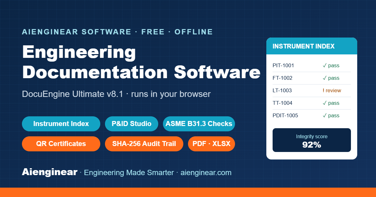 Aienginear engineering documentation software DocuEngine Ultimate v8.1: free offline instrument index, P&ID studio, ASME B31.3 checks, QR certificates and SHA-256 audit trail