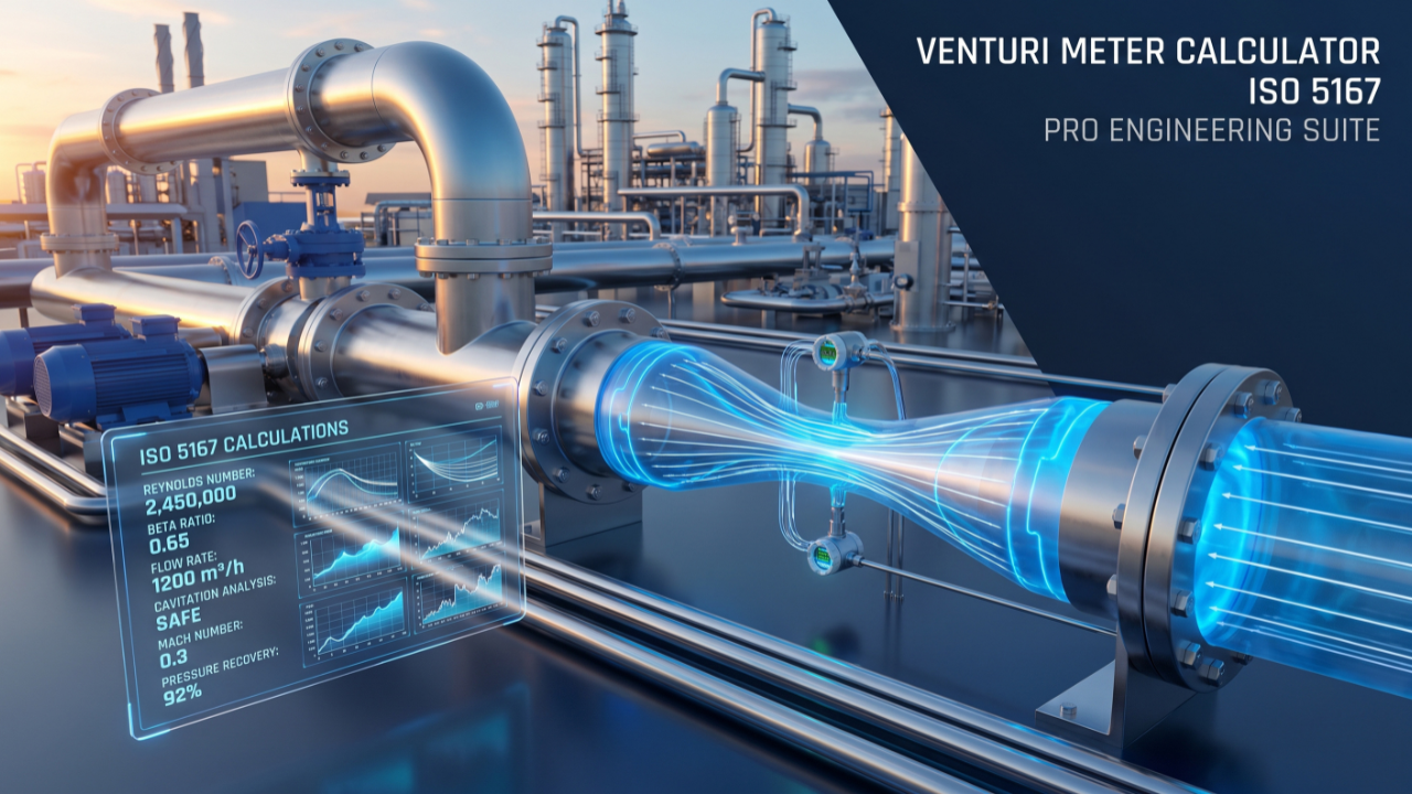 AIEnginear Venturi Meter Calculator showing ISO 5167 flow calculation dashboard with pressure recovery, Reynolds number, and engineering analysis.