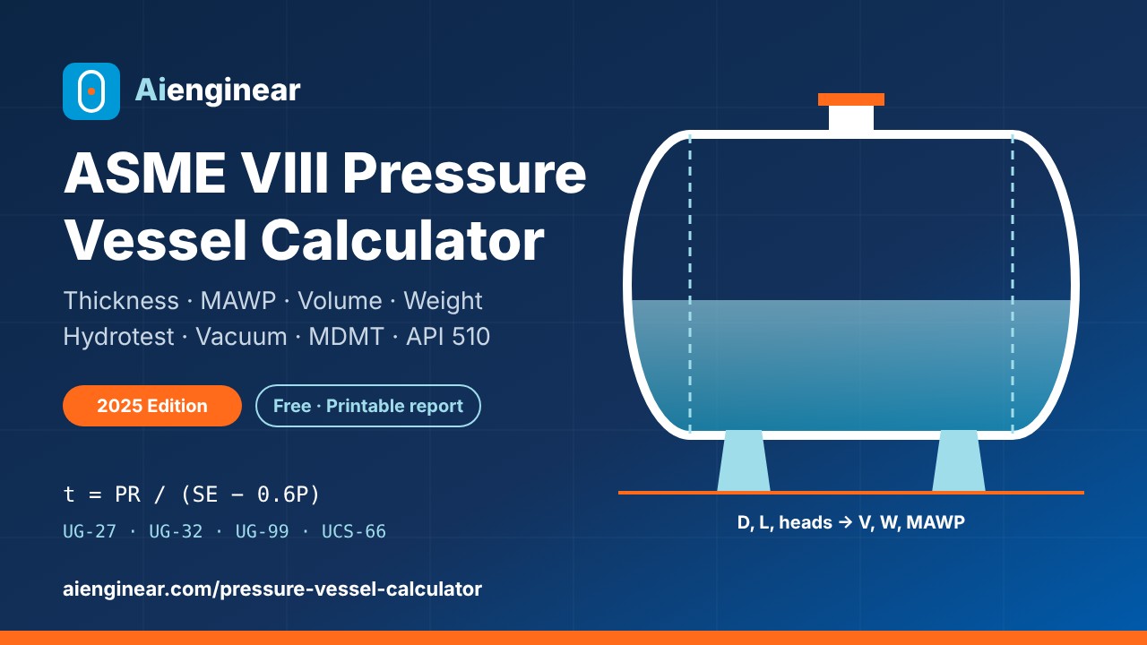 Aienginear ASME VIII pressure vessel calculator for shell and head thickness, MAWP, vessel volume, weight, hydrotest, MDMT and API 510 life