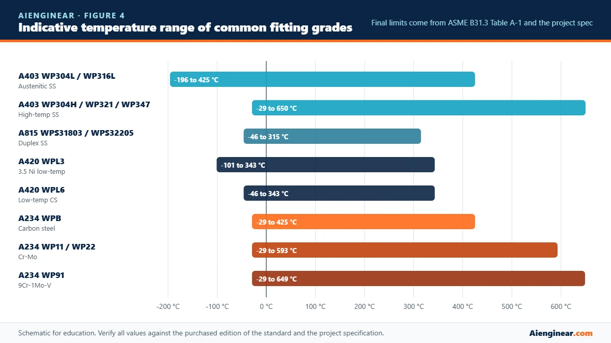 Chart of indicative design temperature ranges for pipe fitting grades A234 WPB, A420 WPL6, WPL3, WP11, WP22, WP91, A403 WP316L and A815 duplex