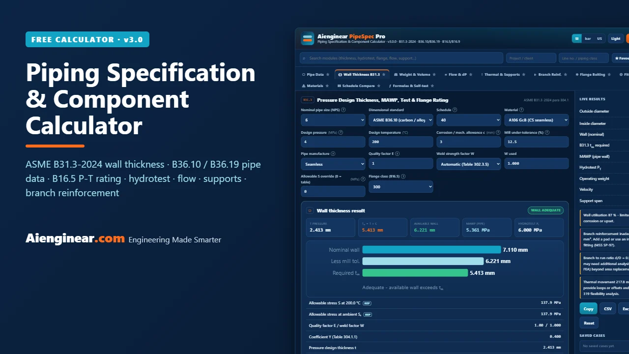 Aienginear PipeSpec Pro piping specification and component calculator showing ASME B31.3 wall thickness, MAWP, hydrotest and flange rating results