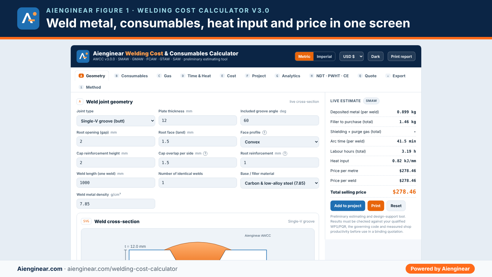 Aienginear Welding Cost and Consumables Calculator v3.0 showing weld metal, electrodes, arc time and selling price for a 12 mm single-V butt weld