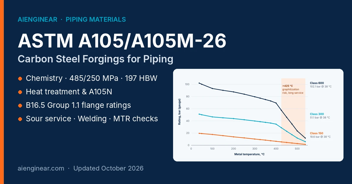 ASTM A105/A105M-26 guide cover with ASME B16.5 Group 1.1 flange pressure-temperature rating chart