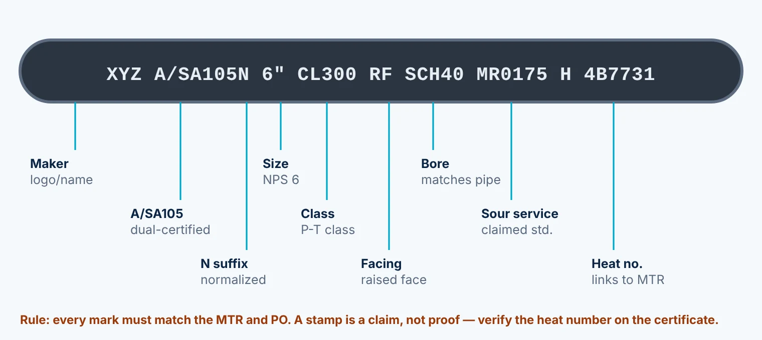How to read the marking on an ASTM A105N forged flange