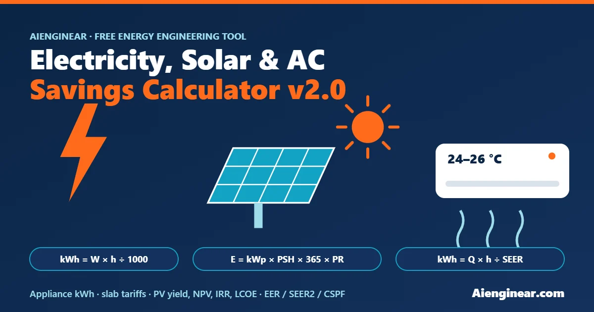 Aienginear Electricity, Solar and AC Savings Calculator banner with kWh, solar yield and AC energy formulas