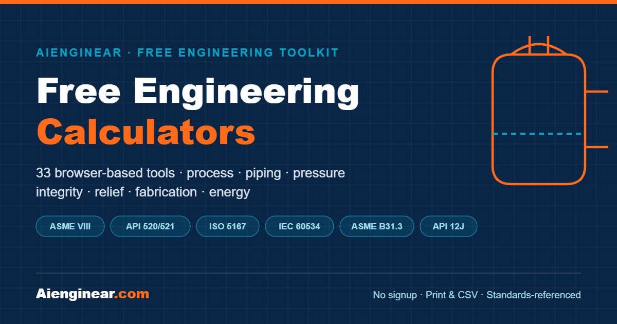 Free engineering calculators by Aienginear: 33 process, piping, pressure integrity and energy tools