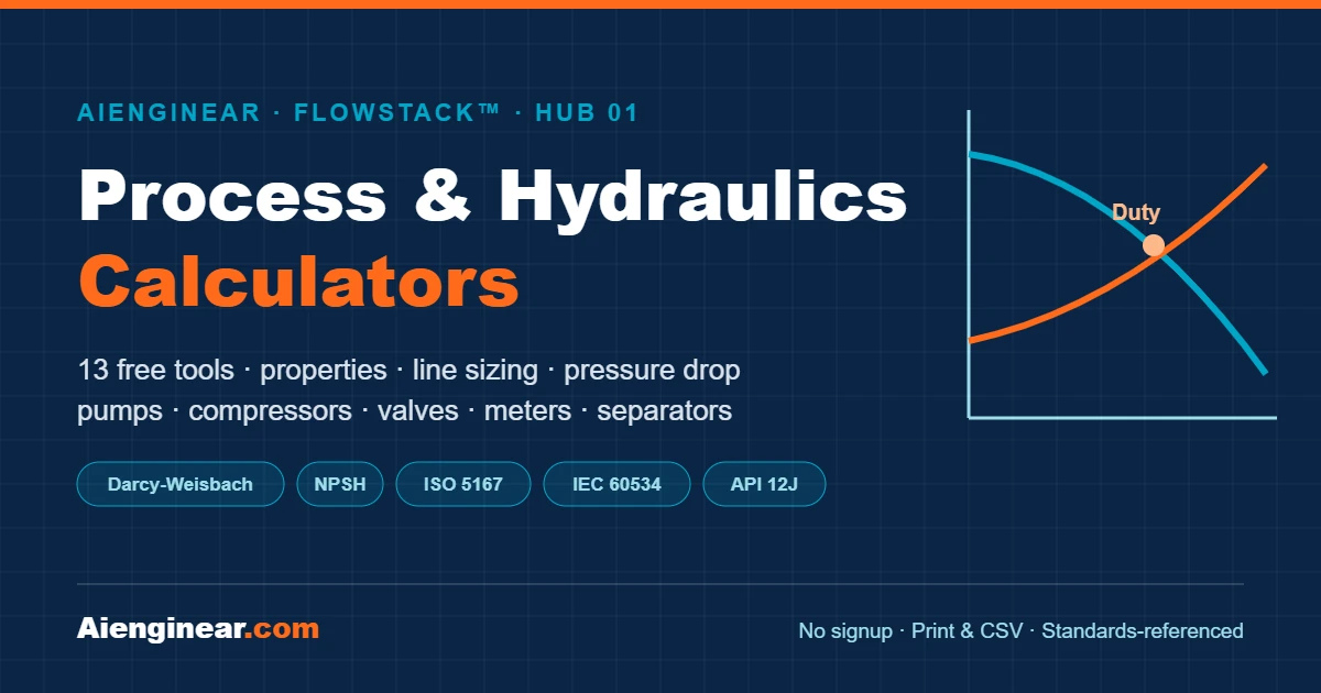 FlowStack process and hydraulics calculators by Aienginear: properties, line sizing, pressure drop, pumps, valves and meters