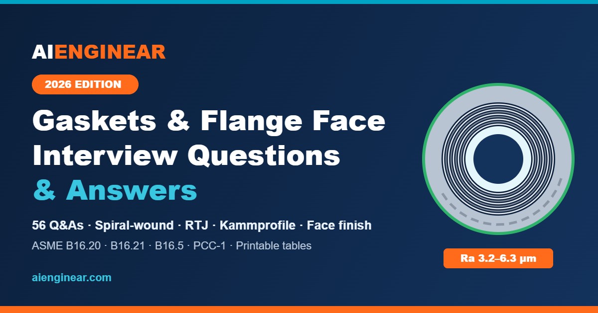 Gaskets and flange face interview questions and answers 2026 – spiral-wound gaskets, RTJ rings, flange face finish Ra 3.2–6.3 µm, ASME B16.20 and PCC-1 – Aienginear