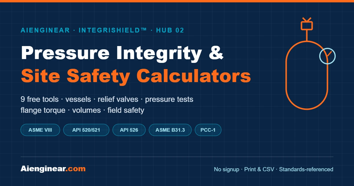 IntegriShield pressure integrity and site safety calculators by Aienginear: ASME VIII vessels, PSV relief, pressure tests and flange torque