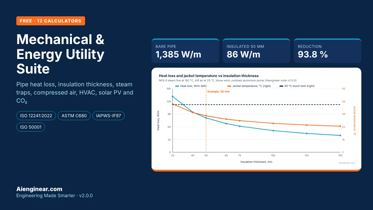 Pipe heat loss calculator by Aienginear: heat loss vs insulation thickness for a 6-inch steam line, 1,385 W/m bare vs 86 W/m with 50 mm insulation