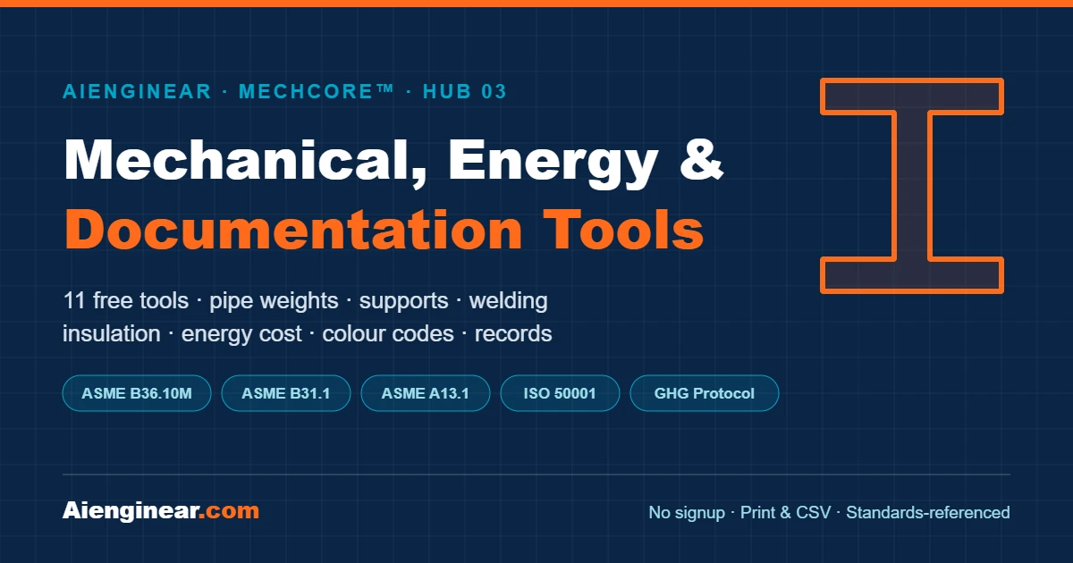 MechCore mechanical, energy and documentation calculators by Aienginear: pipe weights, support spacing, welding cost, insulation, energy and records
