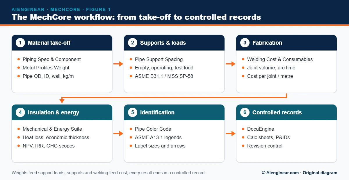 MechCore workflow from material take-off and pipe weights through supports, welding, insulation and energy, colour coding and controlled records