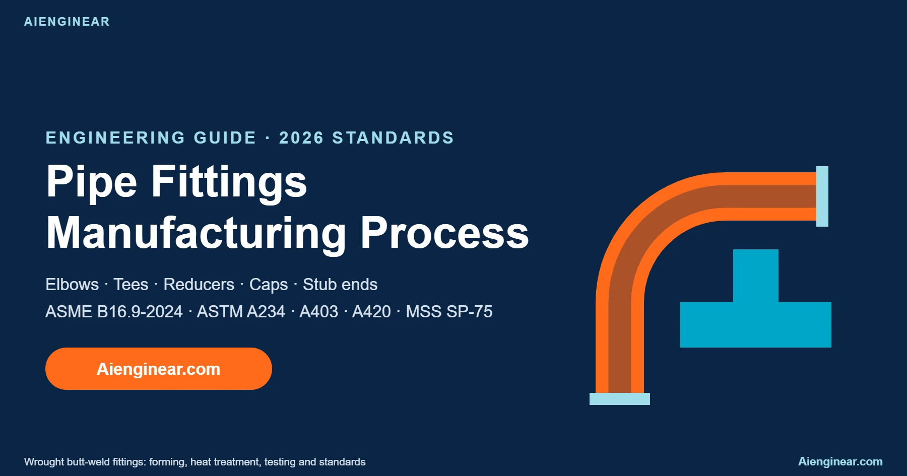 Pipe fittings manufacturing process guide by Aienginear covering elbows, tees, reducers, caps and stub ends to ASME B16.9-2024