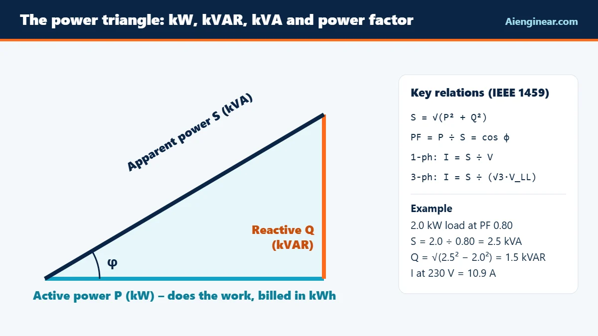 Aienginear power triangle diagram showing active power kW, reactive power kVAR, apparent power kVA and power factor with a 2 kW at 0.8 PF example