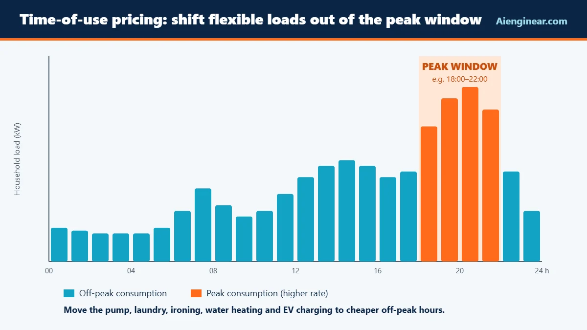 Aienginear time-of-use chart showing a 24-hour household load profile with the evening peak window highlighted in orange